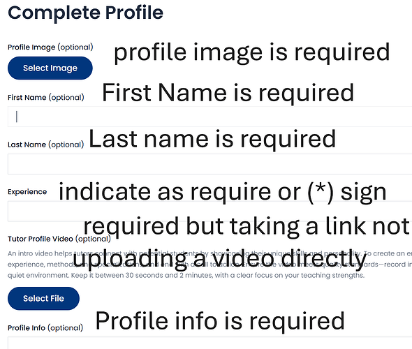 complete Profile fieldsoptional corrections